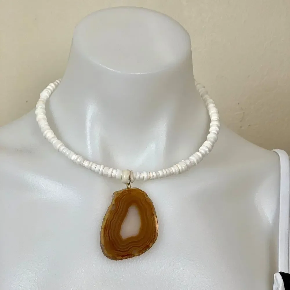 Handcrafted Puka Shell Chocker Agate Necklace Unique One of a Kind Mermaid NEW